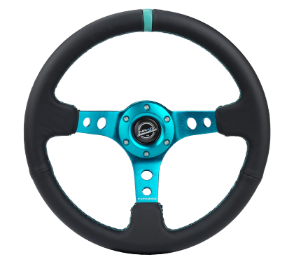 NRG Reinforced Steering Wheel (350mm / 3in. Deep) Blk Leather w/Blue Circle Cutout Spokes