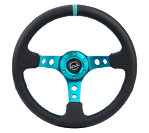 NRG Reinforced Steering Wheel (350mm/ 3in. Deep) Black Suede/ Teal Center Mark/ Teal Stitching