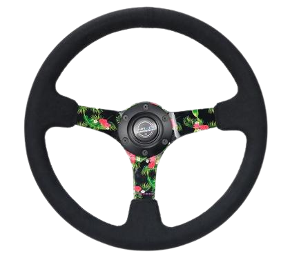 NRG Reinforced Steering Wheel (350mm / 3in. Deep) Black Suede w/ 5mm Floral 3-Spoke Center