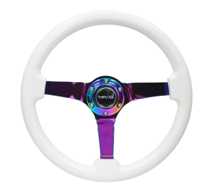 NRG Reinforced Steering Wheel (350mm / 3in. Deep) Classic White w/4mm Neochrome Solid 3-Spoke