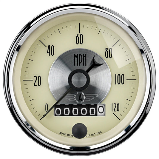 AutoMeter Gauge Speedo 3-3/8in. 120MPH Elec. Program W/Wheel Odo Prestige Antq. Ivory 2089
