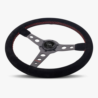 The Daytona | Black Alcantara Suede | Graphite Spoke | Red Stitch
