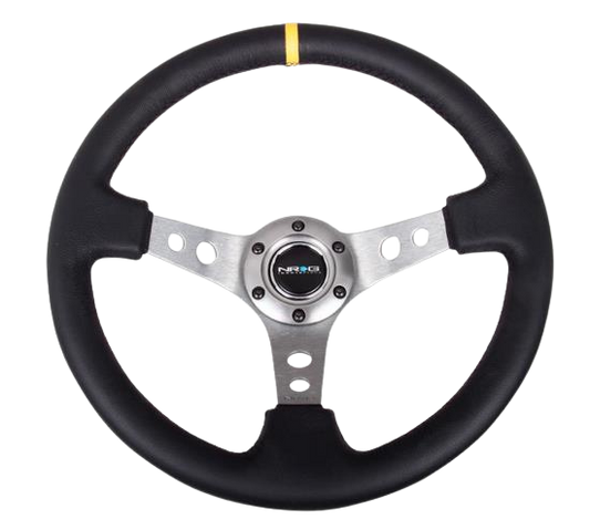 NRG Reinforced Steering Wheel (350mm / 3in. Deep) Blk Leather w/Gunmetal Cutout Spoke & Yellow CM