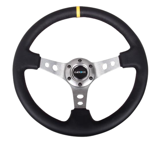 NRG Reinforced Steering Wheel (350mm / 3in. Deep) Blk Leather w/Circle Cut Spokes & Single Yellow CM