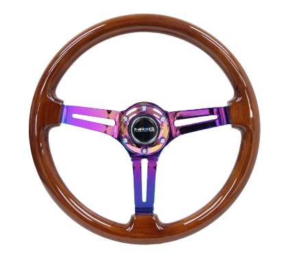 NRG Reinforced Steering Wheel (350mm / 3in. Deep) Brown Wood w/Blk Matte Spoke/Neochrome Center Mark