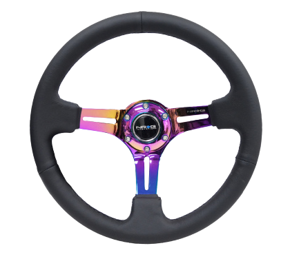 NRG Reinforced Steering Wheel (350mm / 3in. Deep) Blk Leather/Blk Stitch w/Neochrome Slits