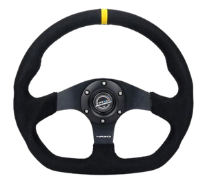 NRG Reinforced Steering Wheel (320mm) Sport Alcantara Dual Push Buttons Flat Bottom w/Yellow Center