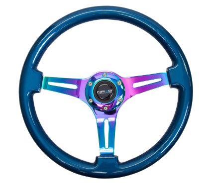 NRG Classic Wood Grain Steering Wheel (350mm) Blue Pearl/Flake Paint w/Neochrome 3-Spoke Center