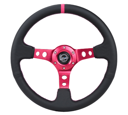 NRG Reinforced Steering Wheel (350mm/3in. Deep) Black Leather/ Fushia Center Mark/ Fushia Stitching