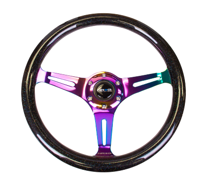 NRG Classic Wood Grain Steering Wheel (350mm) Black Paint Grip w/Neochrome 3-Spoke Center