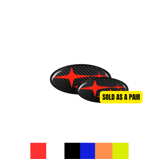 Racing Art Pre-preg Carbon Fiber Subaru Emblem Covers Front & Back, Red/White/Blue [22-26 WRX, 15-21 WRX/STI, 18-23 Crosstrek, 17-23 Impreza]