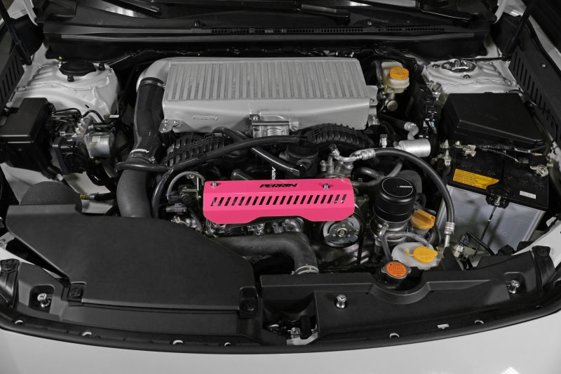 Perrin Performance [15-25 Subaru Impreza, 18-25 Crosstrek, 20-25 Legacy, 22-25 WRX and Outback] Pulley Cover | Short Version - Works w/AOS System - Hyper Pink